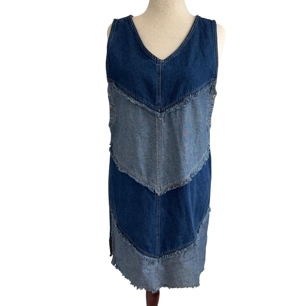 Kyoto Kasuals Womens Blue Patchwork Denim Jumper Dress Frayed Hem Size M V-Neck